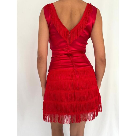 1920s style 60s vintage red flapper silky fringed trim dance costume party dress - Picture 4 of 9
